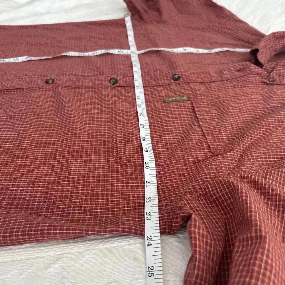 Rust Red Micro Plaid Cotton Button Down Columbia Short Sleeve Shirt Men’s Large - Picture 8 of 11